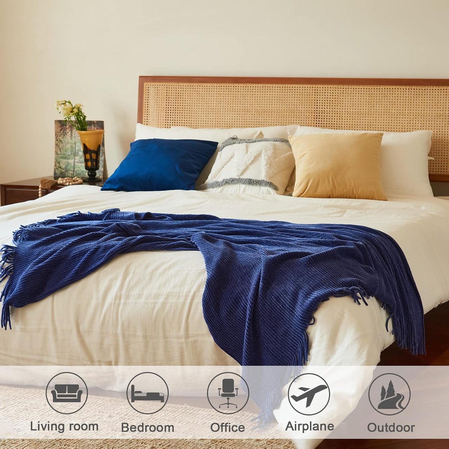 lifein Throw Blanket for Couch, Soft Boho Decor Bed Throw,Cozy Blue Chenille Knitted Small Farmhouse Lightweight Throw for Spring(Blue,50 * 60")