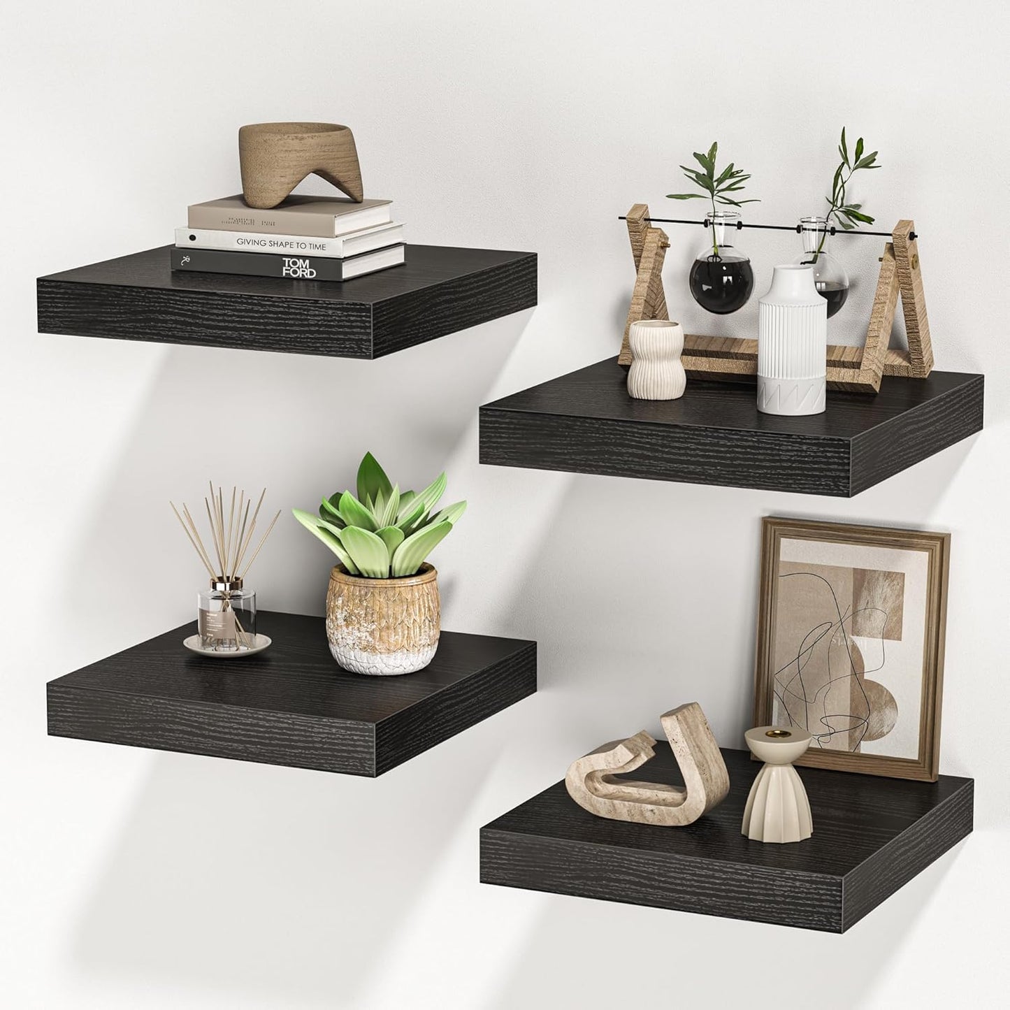 Square Floating Shelves for Wall, 10" W x 10" D x 1.2" H, Small Wooden Wall Mounted Display Shelves with Invisible Brackets for Living Room, Bedroom, Bathroom, Kitchen Decor, Set of 4, Black