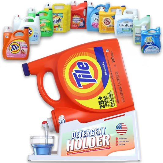 TidyFriend Liquid Laundry Detergent Holder Stand with Drip Tray & Rubber-Grip Feet, Stand for Laundry Room Organization and Storage, Fabric Softener Dispenser with Cup Holder for Easy Pouring (White)