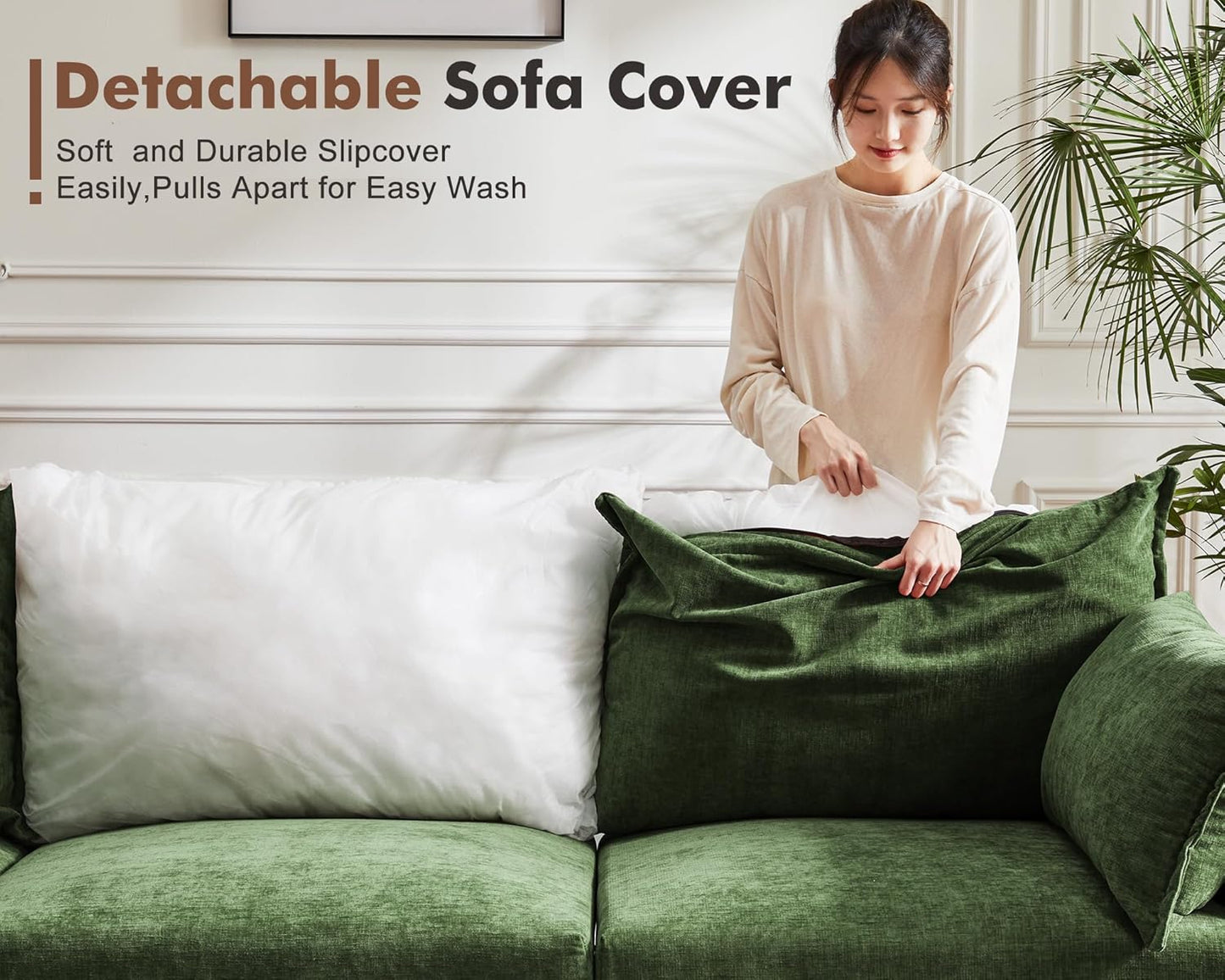 Oversized Loveseat Sofa, Modern Modular Sectional Couch Green Fluffy Chenille Mid Century 2-Seat 24.5" Deep Seat for Apartment, Living Room, Bedroom