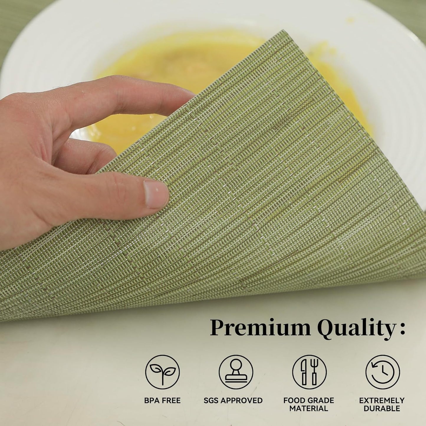 Leetaltree Pea Green Placemats Set of 6 - Heat Resistant Non-Slip Place mats for Dining Table, Washable Durable PVC Vinyl Woven Table Mats（Pea Green, 6）
