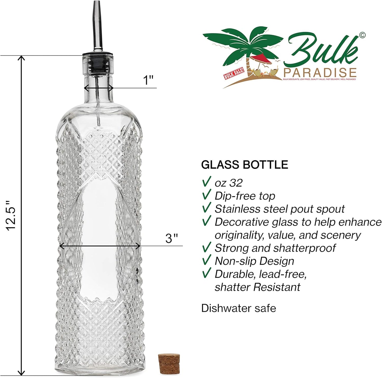 Large Clear Decorative Glass Bottle with Spout and Cork, 32oz, 1 Bottle - Design: Kristal (3in X 11.9in)