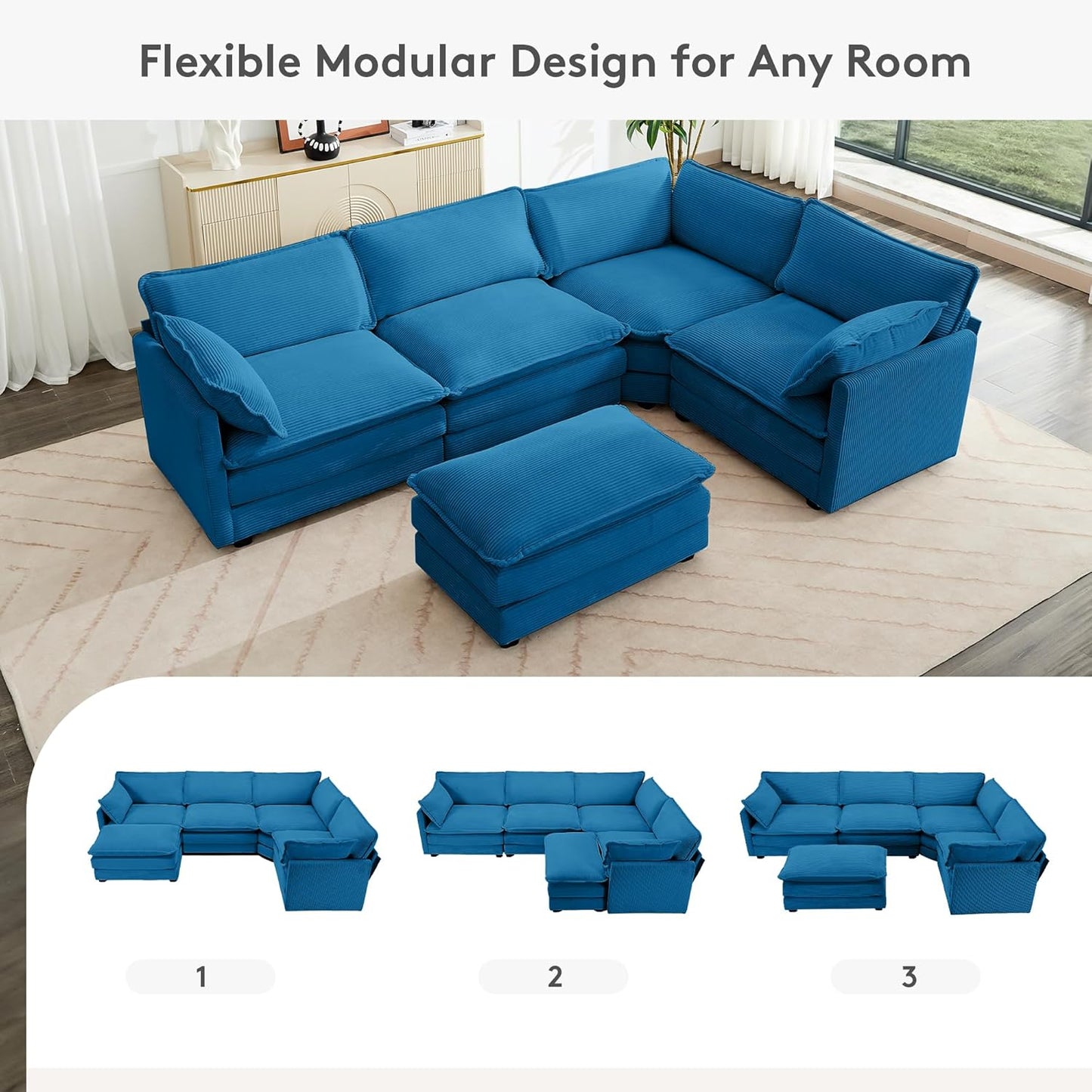 ROWHY 113'' Modular Sectional Cloud Couch, 5 Seater Corner Sofa Big Comfy Corduroy Oversized L Shaped Couch with 2 Pillows, Chaise, Ottoman, Deep Seat Sectional Couches for Living Room Office, Blue