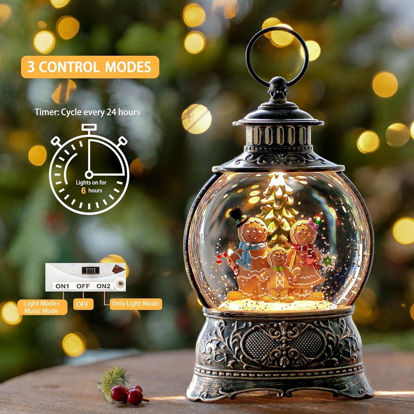 Christmas Snow Globe Lantern Water Glittering Gingerbread Family with Music& Timer, USB Lined/Battery Operated Lighted Lantern for Christmas Festival Decoration Gifts
