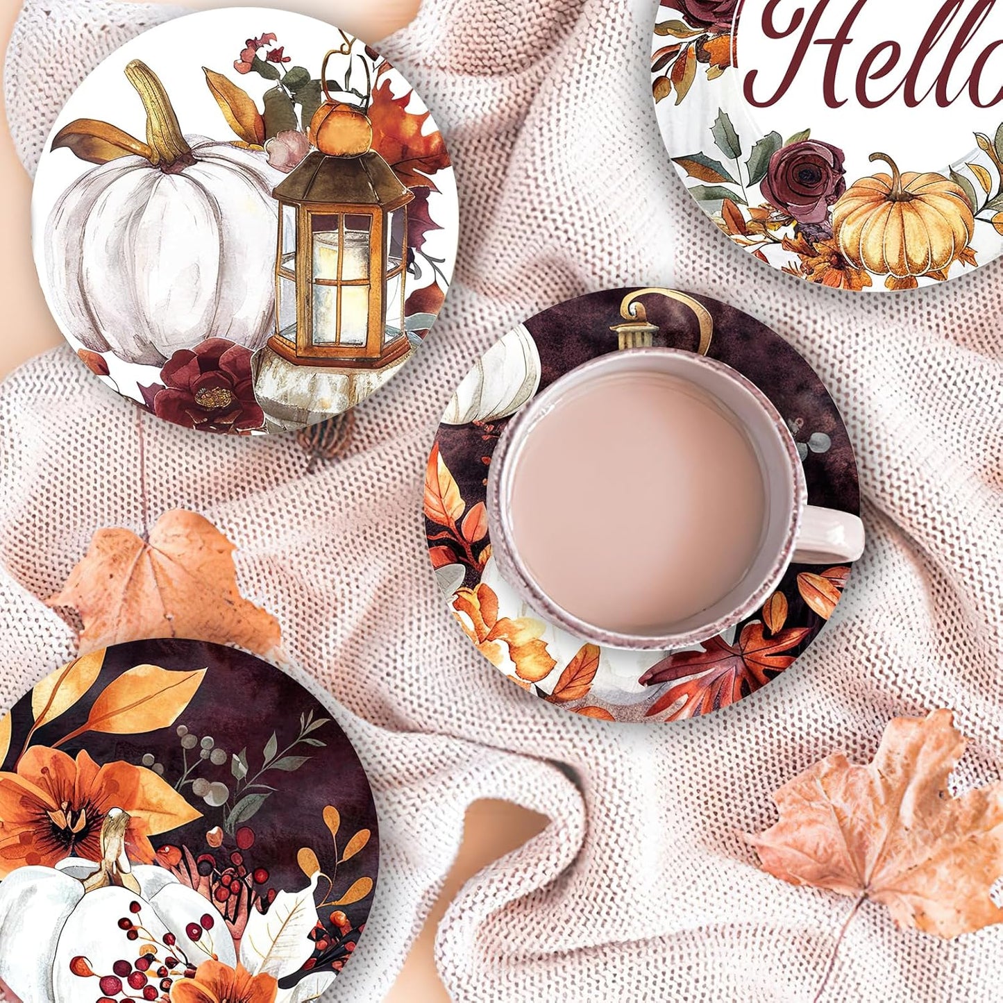 Hello Fall Drink Coasters with Holder Set of 6, Autumn White Pumpkin Floral Absorbent Ceramic Cup Mat for Coffee Table Protection, 4 Inches Vintage Flower Home Kitchen Decor Housewarming Gifts