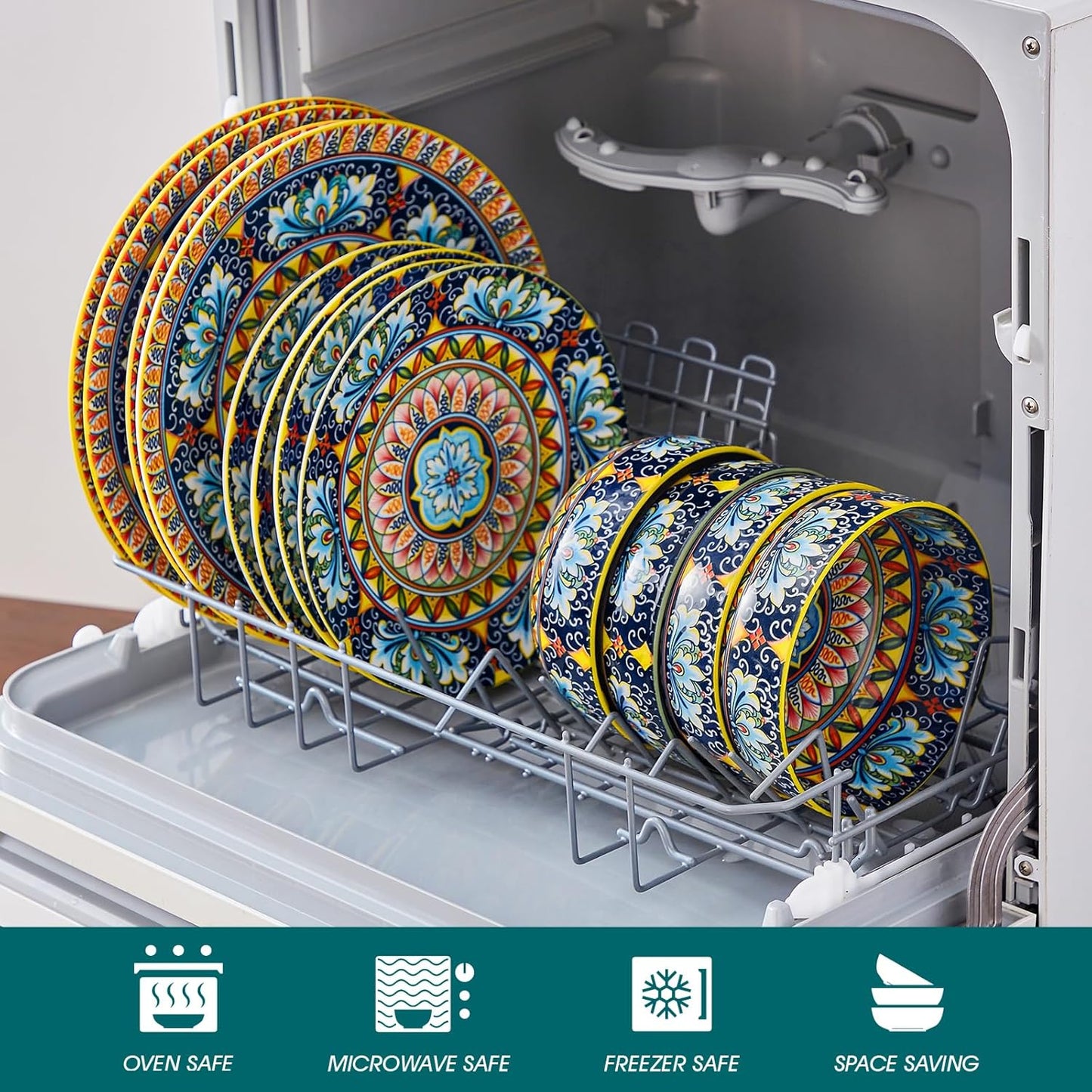 vancasso 12 Pieces Dinnerware Sets, Yellow Plates and Bowls Set, Porcelain Dishes Set for 4, Microwave and Dishwasher Safe, Scratch Resistant, Bohemian Style Dining Ware Service for 4, Series SIMI