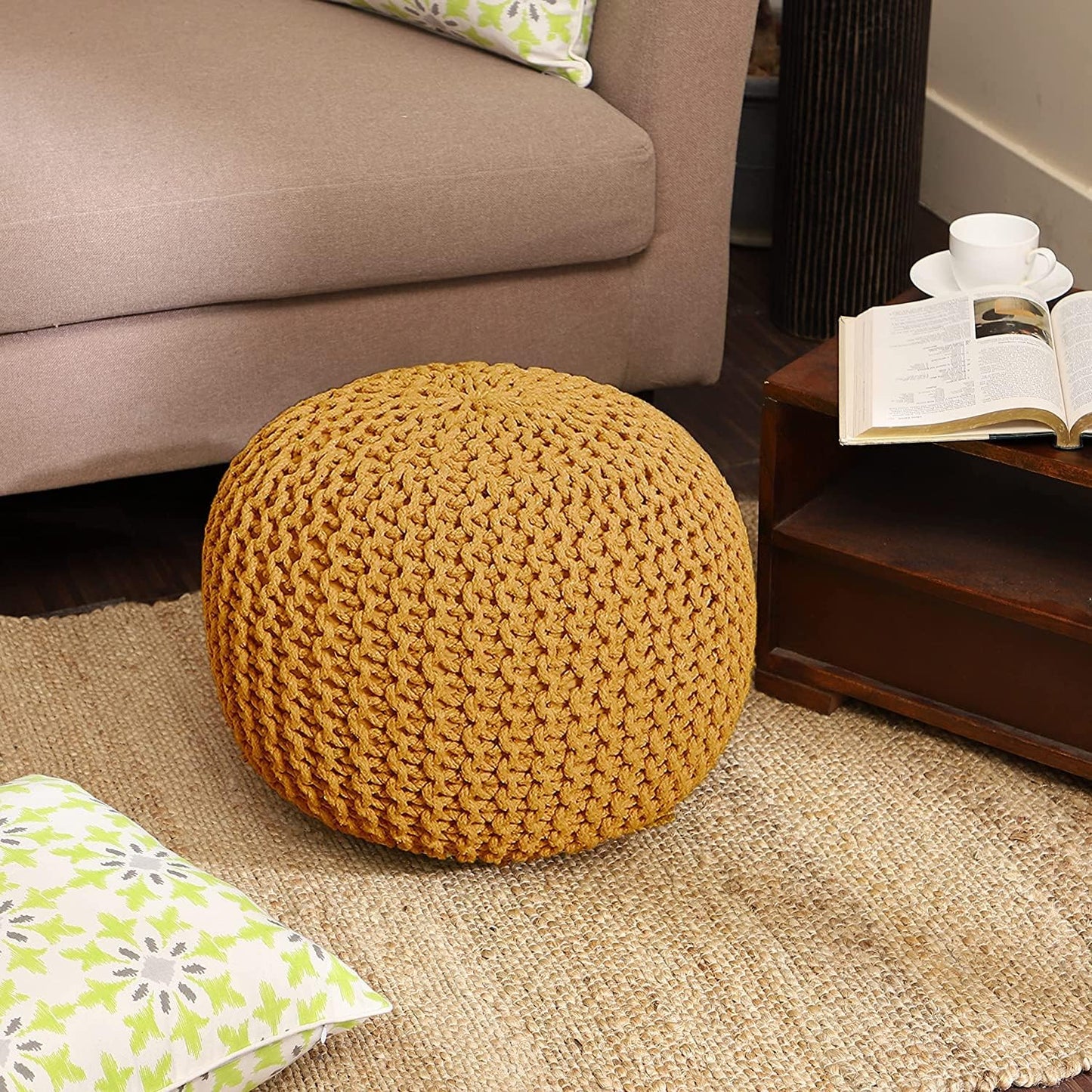 REDEARTH · Round Pouf Ottoman - Hand Knitted Cable Boho Poof Home Décor Pouffe Circular Footrest for Living Room - Bedroom - Lounge - Nursery - 100% Cotton Poufs (19.5"x19.5"x14") - Mustard