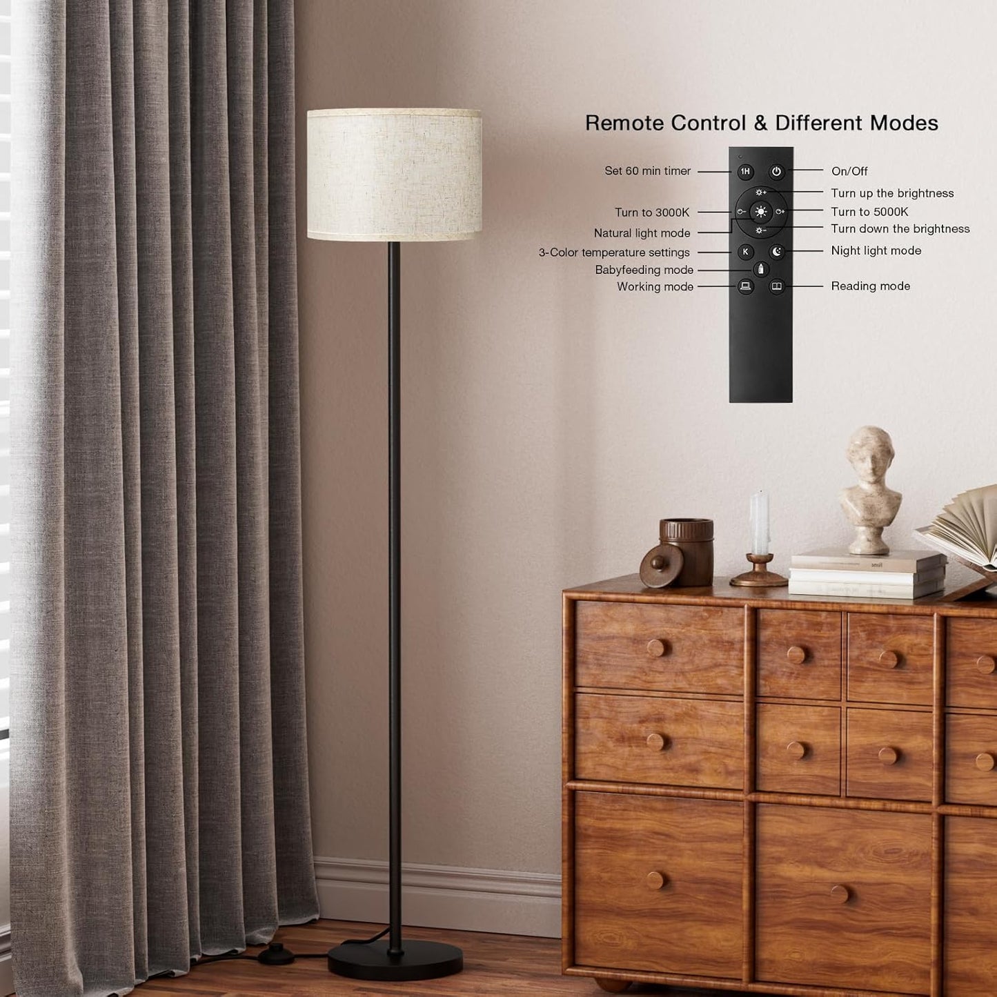 Ambimall 60'' Modern Floor Lamp with Remote, Tall Lamps for Living Room, Bedroom, Office, Dining Room, Beige Shade with Black Pole(Included Bulb)