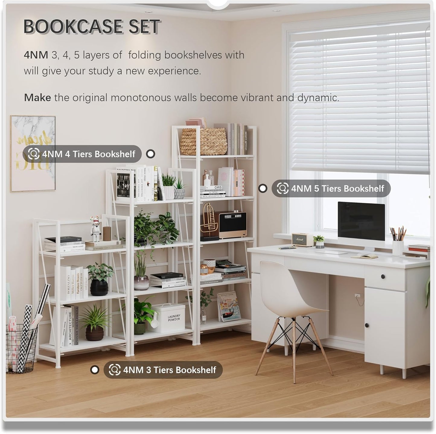 4NM No Assembly Foldable Bookshelf, 5-Shelf Collapsible Bookcase Storage for Small Spaces, 62.2" H, All White