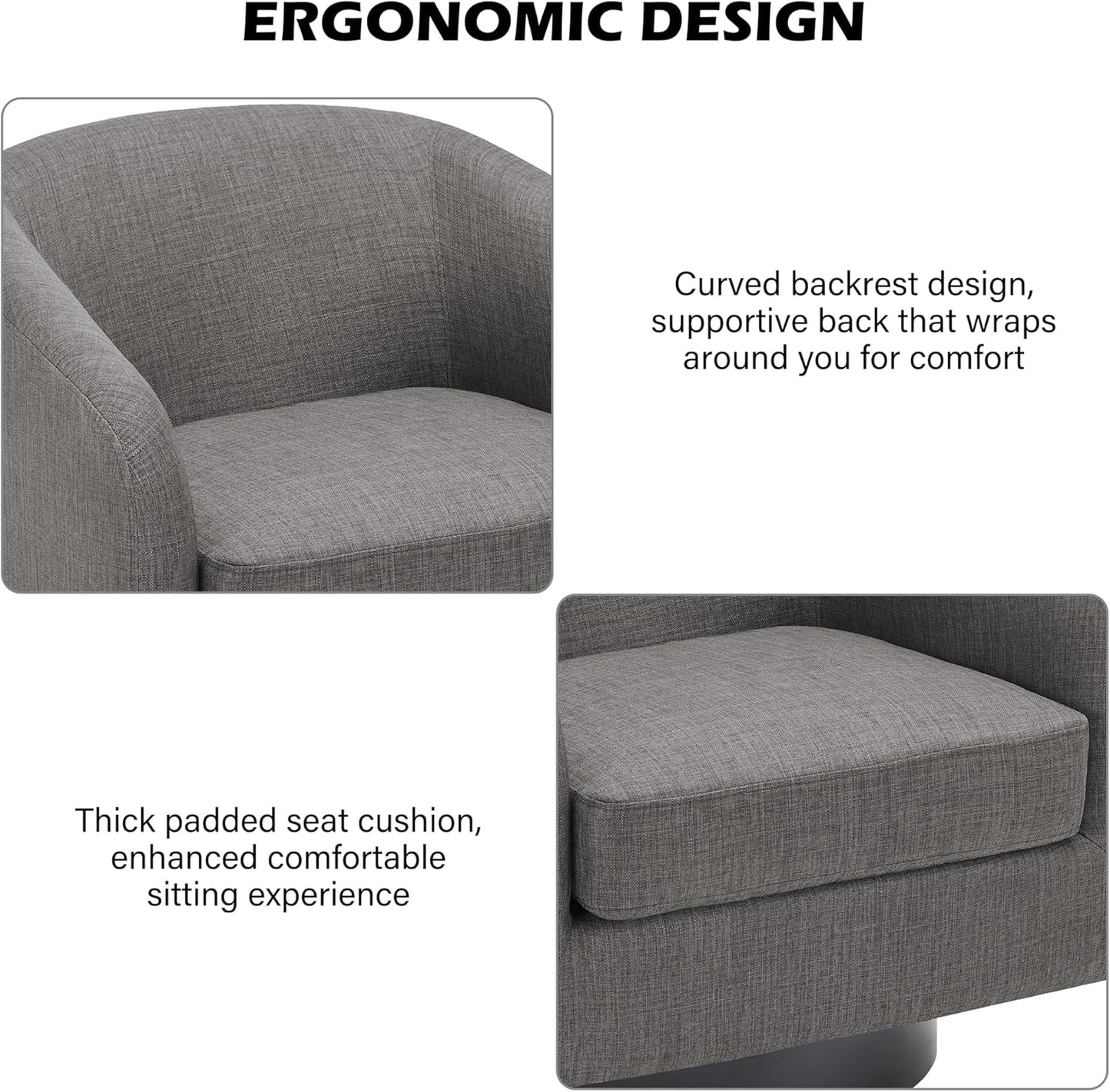 Swivel Barrel Accent Chair, Modern Round Linen Arm Chair for Living Room, Bedroom, Comfy Club Reading Chairs for Adults（Linen Fabric, Grey, Set of 2