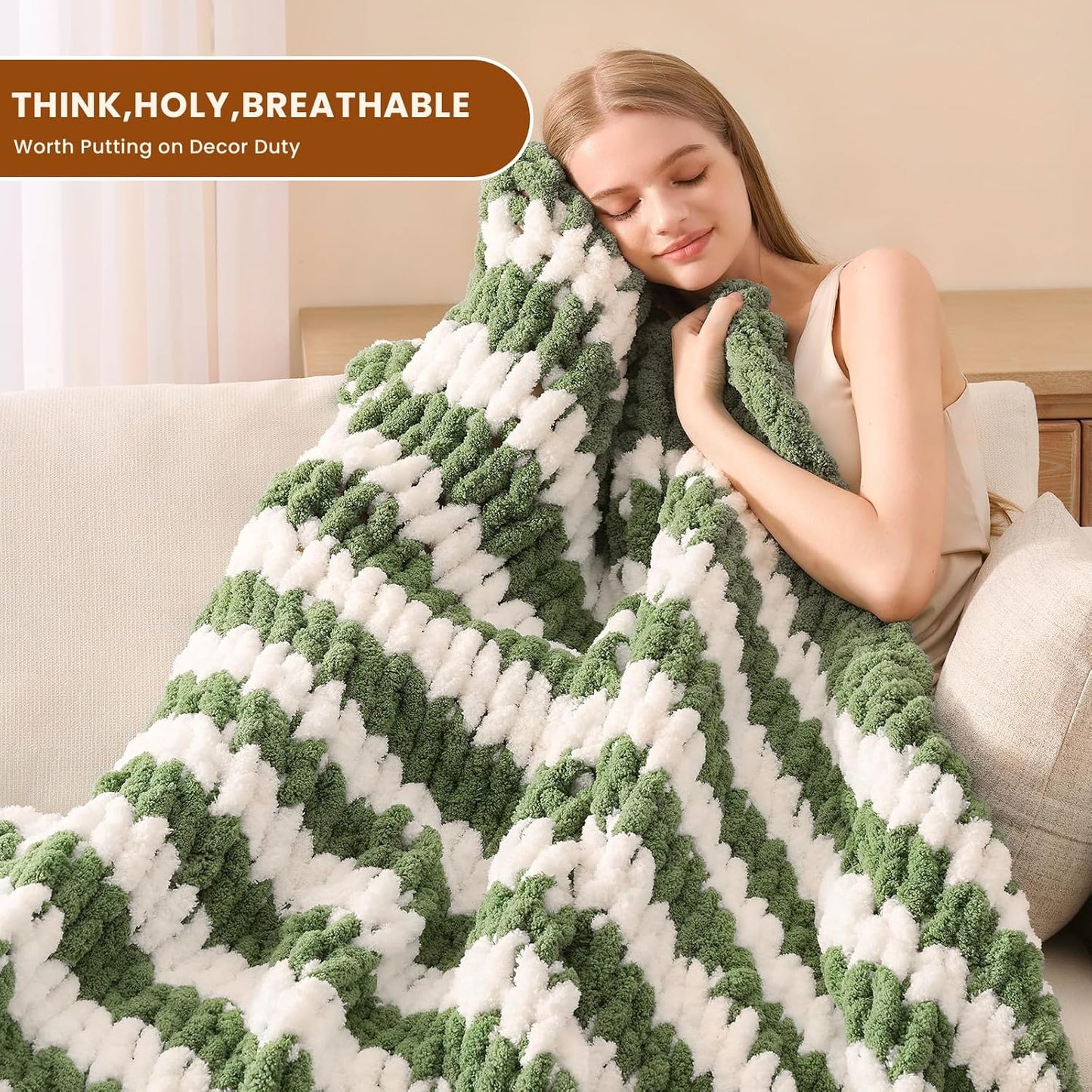 L'AGRATY Chunky Knit Blanket Throw: 50''x60'' Chenille Chunky Knitted Throw Blankets for Bed Couch - Handmade Thick Cable Knit Blanket - Large Crochet Rope Blankets for Home Decor