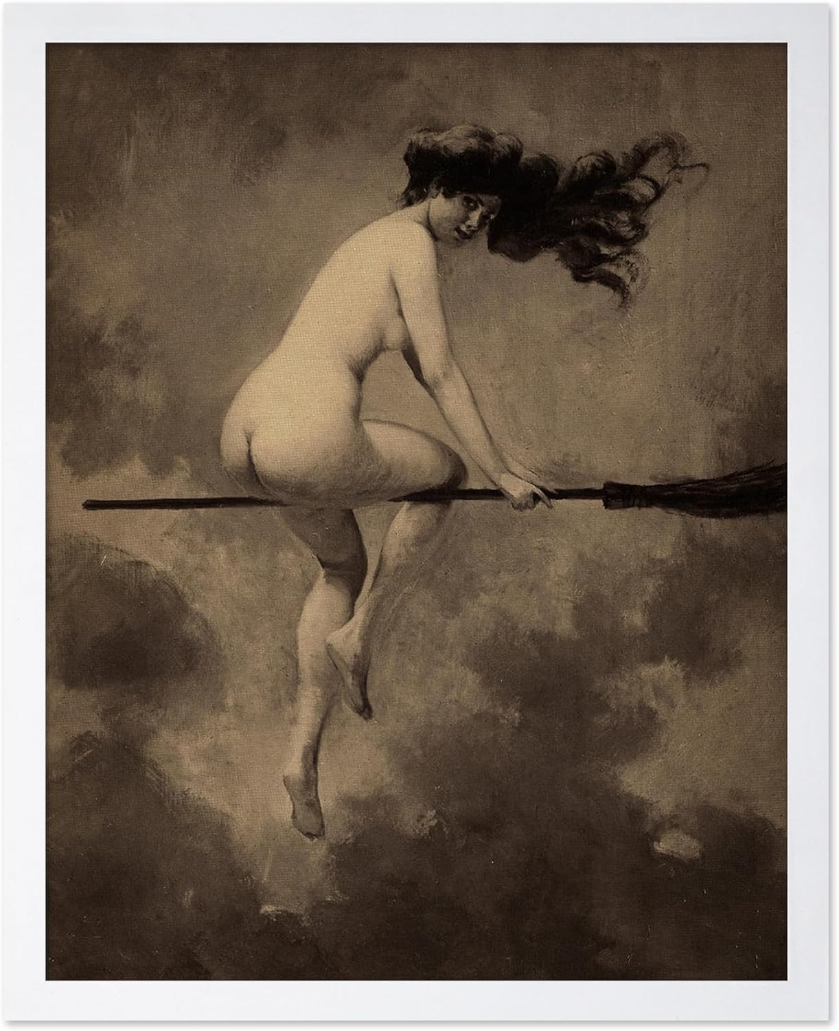 Poster Master Vintage Albert Joseph Penot Poster - Retro Halloween Print - Gift for Artist, Friend - Departure for the Sabbath, Naked Witch on Broom - Wall Decor for Bedroom, 8x10 White Framed