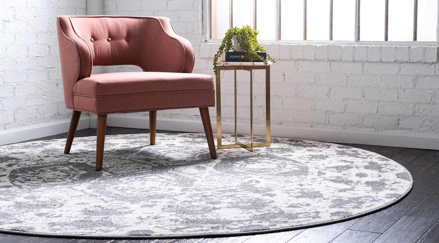 Unique Loom Rosso Collection Vintage, Geometric, Bohemian, Traditional, Distressed, Southwestern Area Rug, Round 3' 3" x 3' 3", Light Gray/Ivory