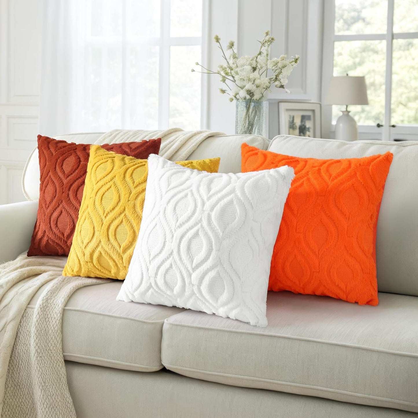 decorUhome Fall Throw Pillow Covers 24x24 Inch Set of 2, Soft Plush Decorative Faux Fur Orange Solid Couch Pillow Covers, Accent Farmhouse Neutral Square Euro Pillow Cases for Sofa Bed Living Room