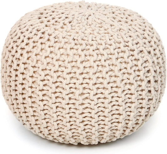 REDEARTH Round Pouf Ottoman –18"x18"x14" Hand-Knitted Cotton Pouffe –Cable Footstool –Boho Dori Hassock –Pre-Stuffed Poof – Extra Seat -Poofy Footrest for Living Room, Bedroom, Nursery, Nook –Ivory