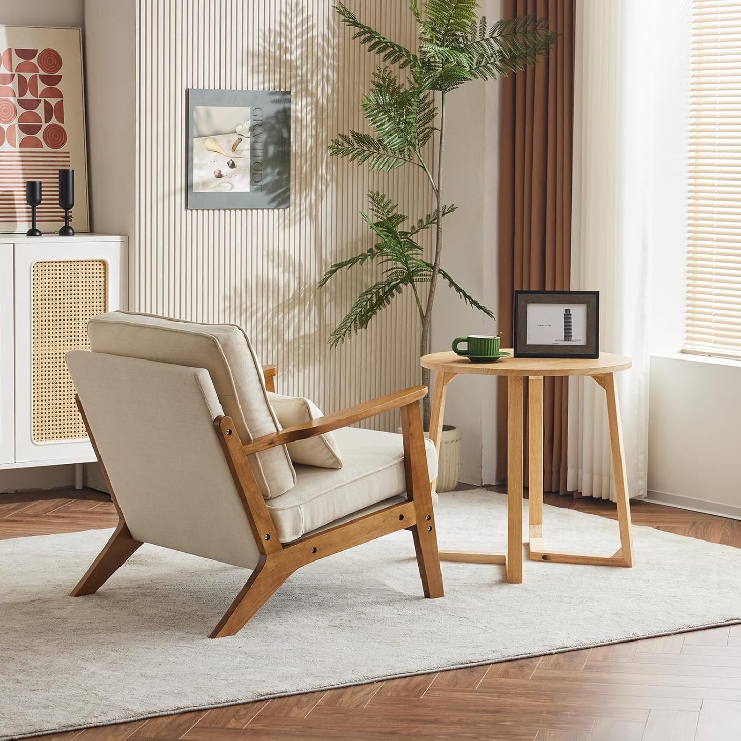 Karl home Accent Chair Wide Armrest Mid-Century Lounge Chair Linen Fabric Armchair with Lumbar Pillow & Solid Wood Frame for Living Room, Bedroom, Balcony, Beige