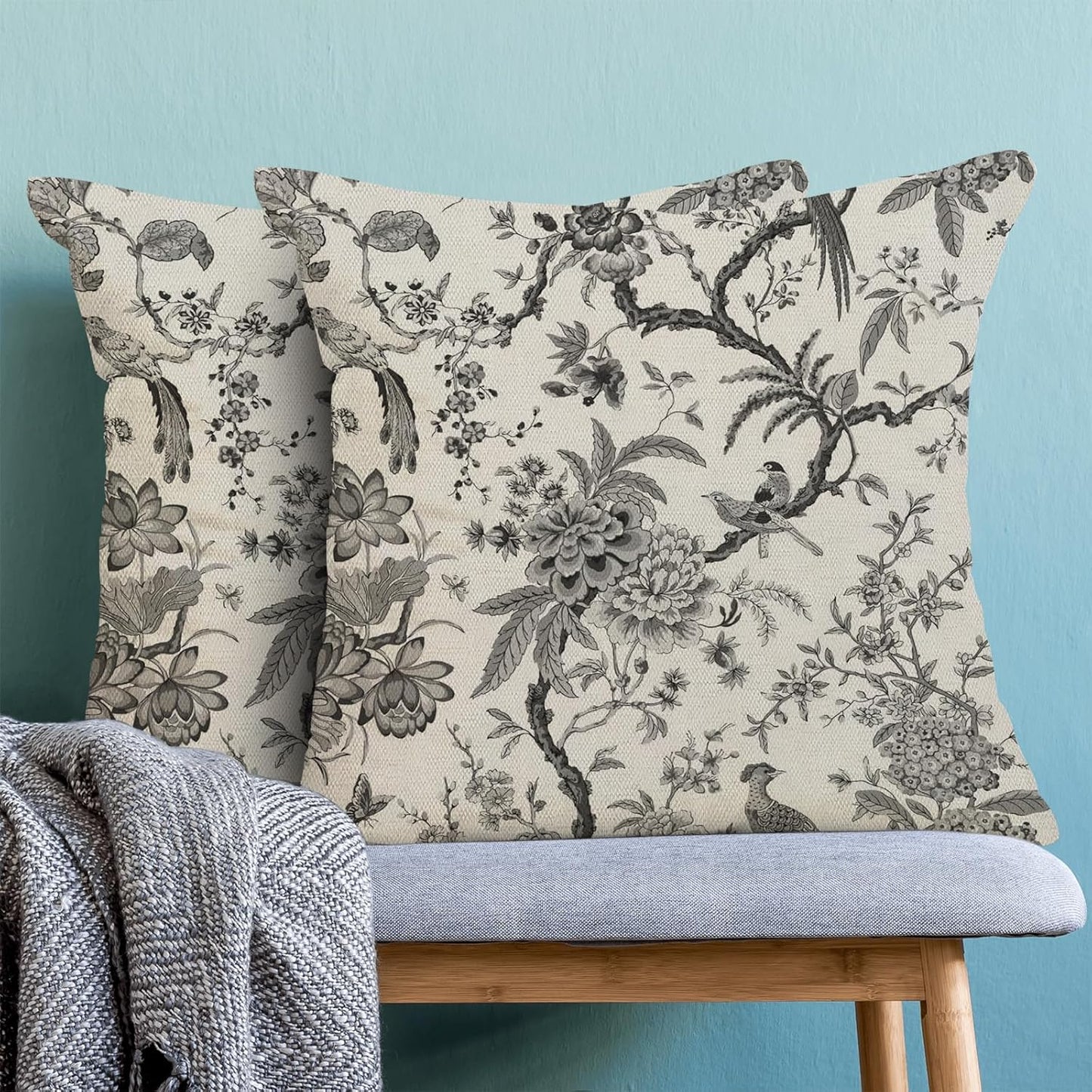 CXMEIFLY Spring Floral Birds Pillow Covers 20 x 20 Inch Set of 2 for Chinoiserie Flowers Decor Throw Pillows Black and White Plant Outdoor Decorative Cushion Cases for Couch Bed Decorations