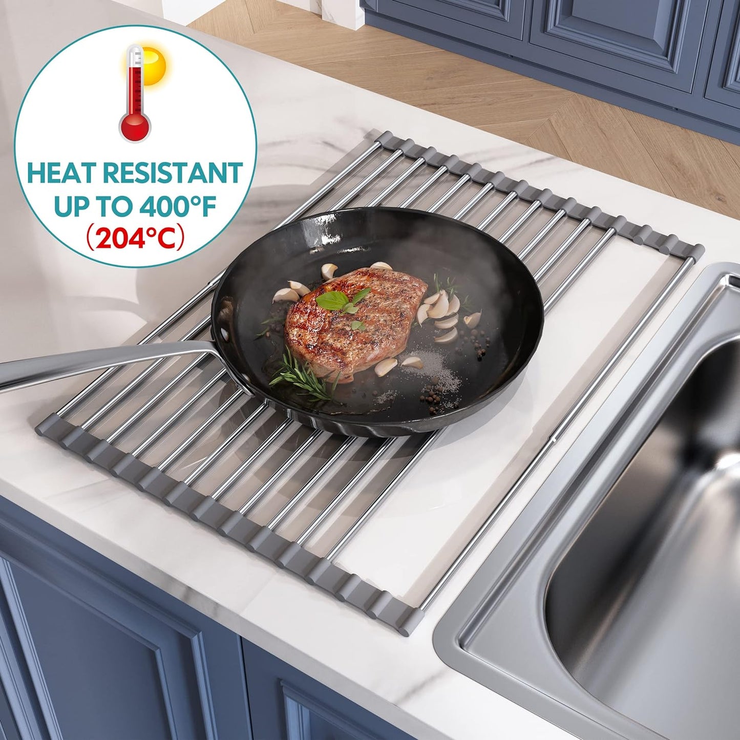 Roll Up Dish Drying Rack, Expandable (12.8"-23.8" D x 12.8" W) Stainless Steel Portable Drainer for Kitchen Sink Counter, Foldable Over The Sink Cover with Removable Utensil Holder