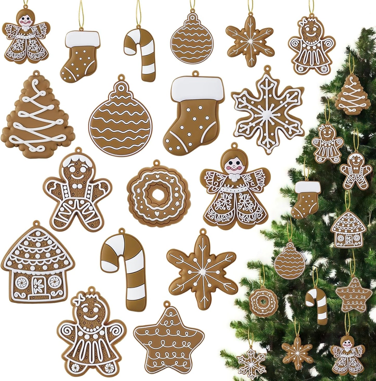 24pcs Christmas Gingerbread Man Ornaments, Assorted Gingerbread Figurines Decorations with Gingerbreads House Snowflake Ornaments for Xmas Tree Winter Crafts Holiday Home Party Decor Indoor