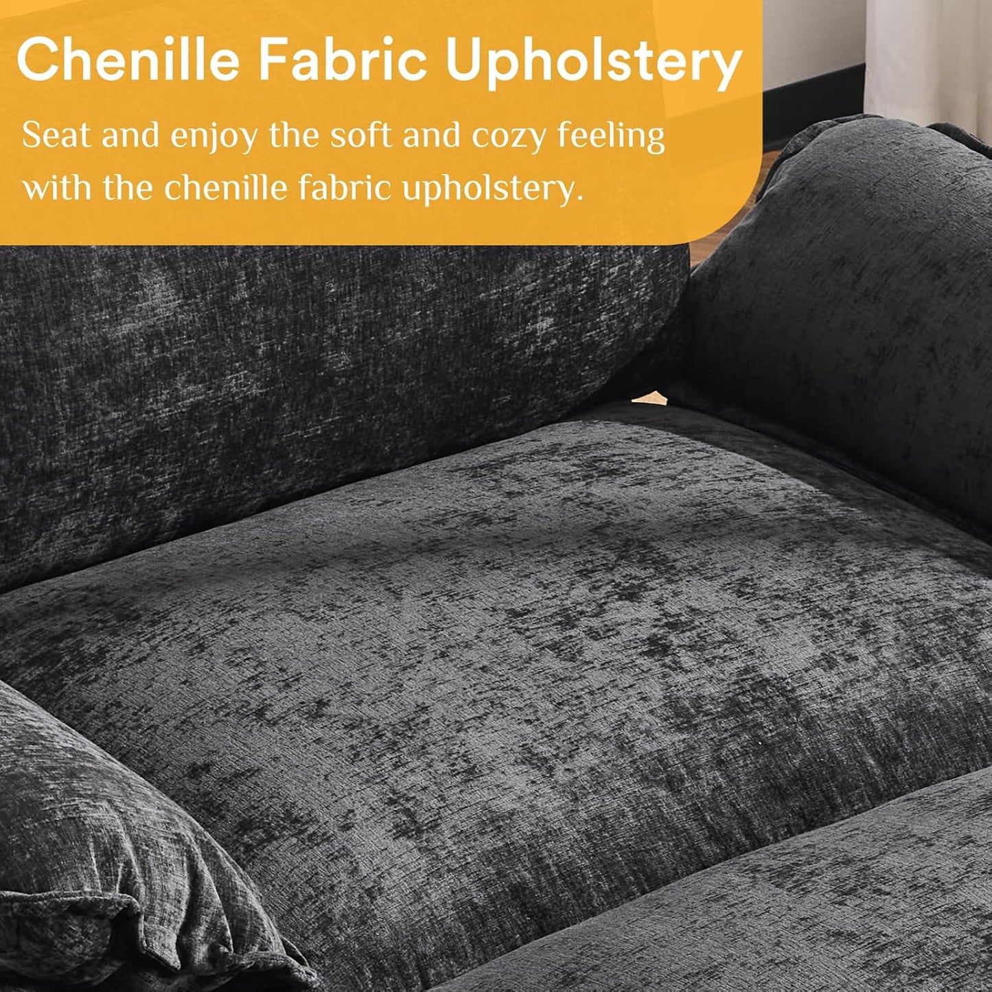 Karl home Oversized Accent Chair Chenille Sofa with Chaise, Modern Sofa Chair with Removable Ottoman Modular 1-Seater Couch and 2-Layer Ottoman for Living Room, Apartment, Studio, Black