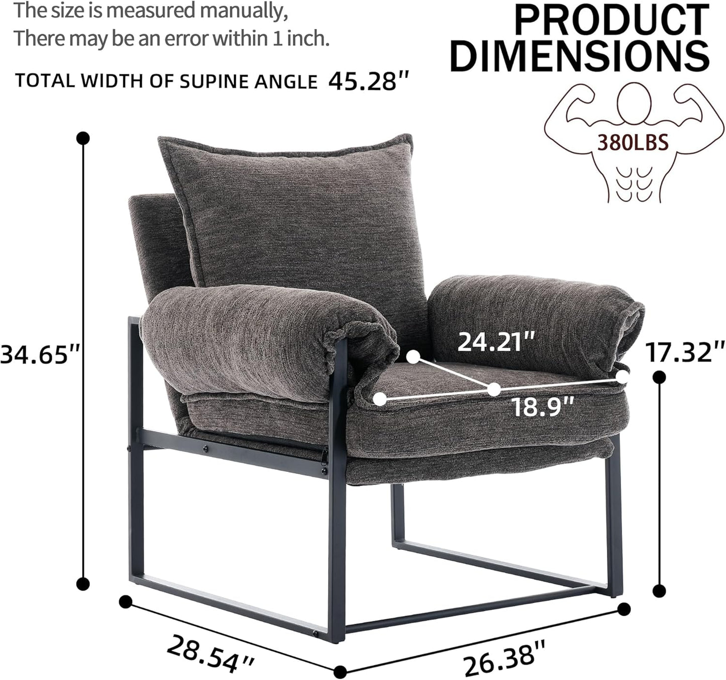 YISHENG Accent Chair with 6-Angle Adjustable Backrest, Chenille Fabric Living Room Chair Upholstered Lounge Chair, Modern Chair Cozy Reclining Chair for Reading Room, Set of 2 Gray