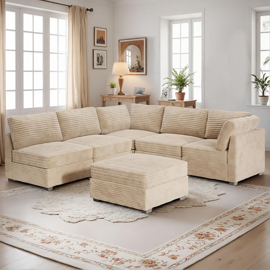 HOOOWOOO Modular Sectional Sofa,6 Pieces Sectional Couches for Living Room,98X98 L Shaped Cloud Couch with Ottoman Chaise Set(Beige Velvet Corduroy)