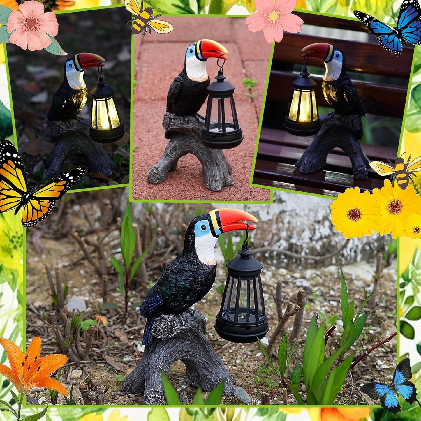 Toucan Garden Statues Decor, Solar Waterproof 9.5" Colorful Tropical Bird Sculpture with LED Lights Funny Garden Outdoor Exotic Bird Sculpture Decoration for Lawn Porch Yard Patio Tiki Bar