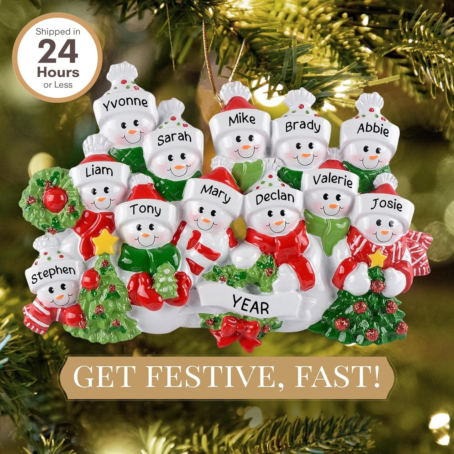 Personalized Large Family of 12 Ornament 2025 | Free 24h Customization | Laser Engraved Snowman Christmas Ornaments for Tree | Custom Gift Wrapped Festive Holiday Keepsake for Twelve Persons