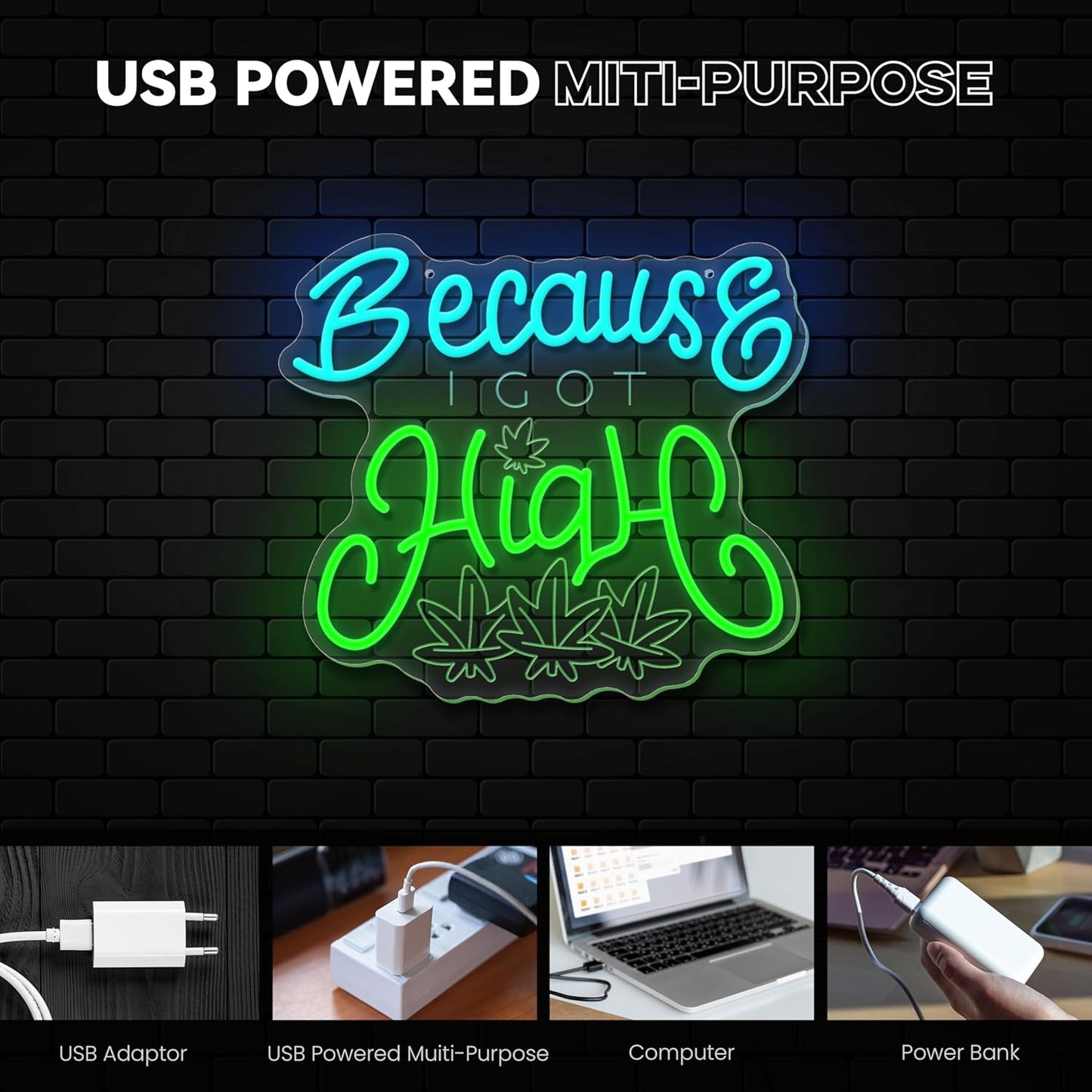 Leaf Neon Sign, Because I Got High Neon Signs for Wall Decor, Dimmable Acrylic Neon Lights for Living Room Bedroom Bar Pub Club Man Cave Game Room Hotel Party Decorations