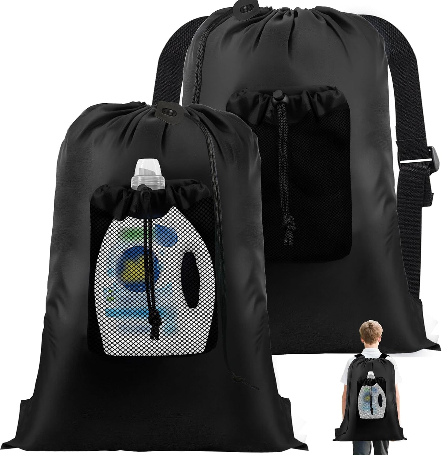 2-Pack Backpack Laundry Bags, Heavy Duty Laundry Bag Backpacks with Adjustable Shoulder Straps, Door Hanging Washing Bag, Laundry Hamper Lining for College Dorm, Travel, Laundromat