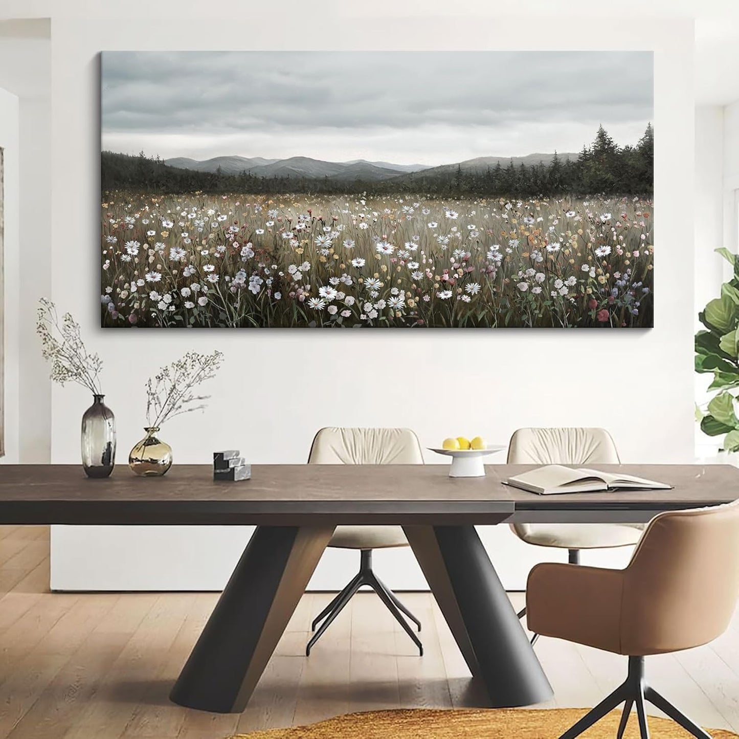 HGUAOA Vintage Landscape Wall Art for Bedroom and Living Room - Large Floral Artworks Farmhouse Wall Decor - Framed Neutral Nature Pictures - Above Bed Wall Decor with Mountain Scenery 29×58IN