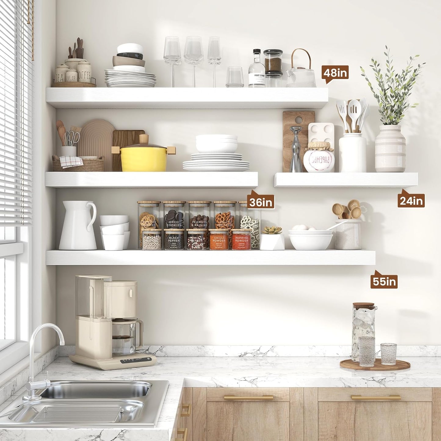 Heimlove 48" White Floating Shelves for Wall,10 Deep Rustic Wood Display & Storage Wall Shelves with Heavy Duty Brackets for Bathroom,Bedroom,Kitchen,Living Room,Office,Set of 2