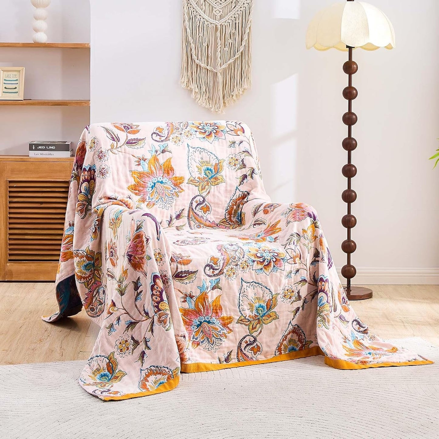 Boho Throw Blanket for Bed, 100% Cotton Soft Rustic Quilt Fall Blanket, 80"x90" Floral Printed Farmhouse Decor Bed Blankets, All Season Rustic Reversible Bohemian Throw Quilt