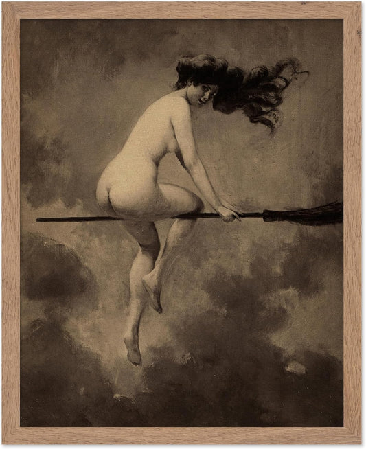 Poster Master Vintage Albert Joseph Penot Poster - Retro Halloween Print - Gift for Artist, Friend - Departure for the Sabbath, Naked Witch on Broom - Wall Decor for Bedroom, 16x20 Beige Framed