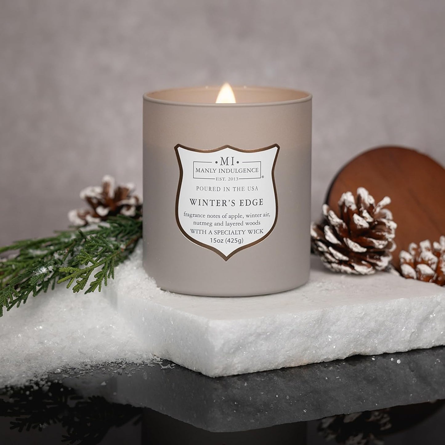 Manly Indulgence Winters Edge Scented Candles for Men, 15 oz Wooden Wick, Premium Soy Blend Wax, 60H Burn, Candles for Home Scented - Made in The USA