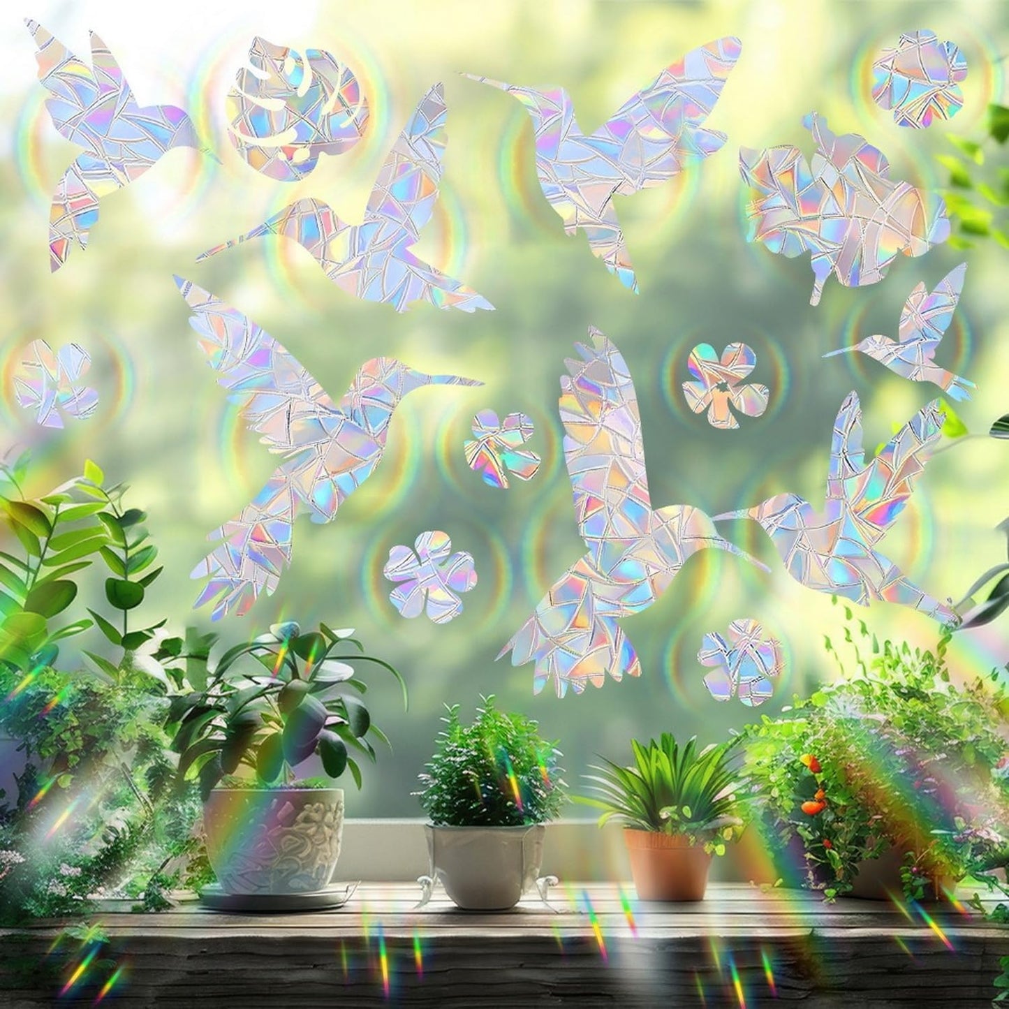 Bird Window Clings Static Cling Window Decals, 1PCS Flower Anti Collision Bird Deterrent Rainbow Stickers, Reusable, Rainbow Non-Adhesive Prismatic Decorative Home Decor