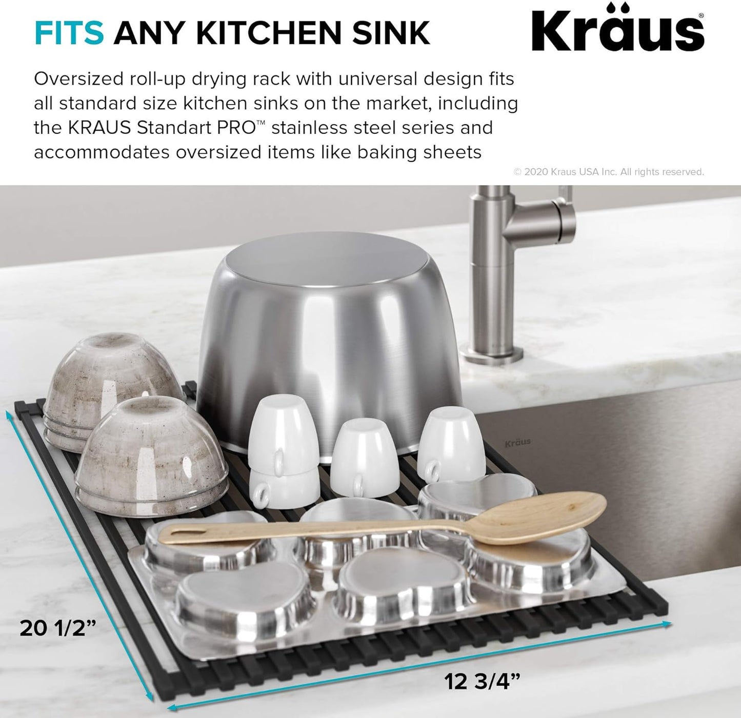 Kraus Multipurpose Over-Sink Roll-Up Dish Drying Rack, Colander and Trivet in Dark Grey, KRM-10DG