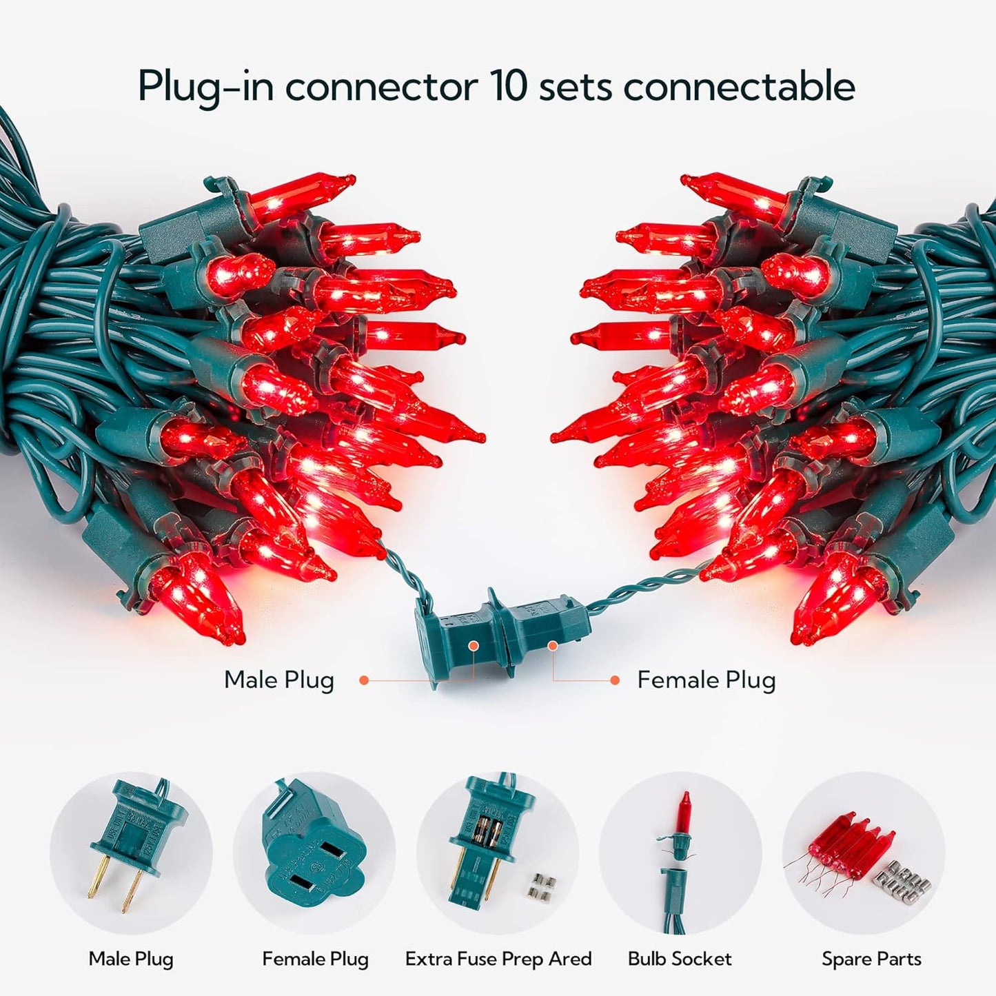 Hopolon 50 Red Christmas Lights, 2PACK Green Wire 13 Feet Long String Lights Set for Outdoor Indoor Décor, Valentines Day, Wedding, Halloween, Christmas Trees, Holiday Lighting Decor(2pcs Red)