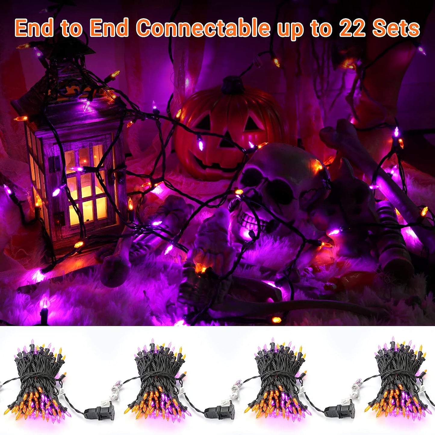 ODEERTONIC Orange & Purple Halloween Lights, 33ft 100 LED Orange Lights String Connectable, 120V UL Certified Purple String Light, Plugin Black Wire Halloween Light Waterproof for Spooky Party Decor