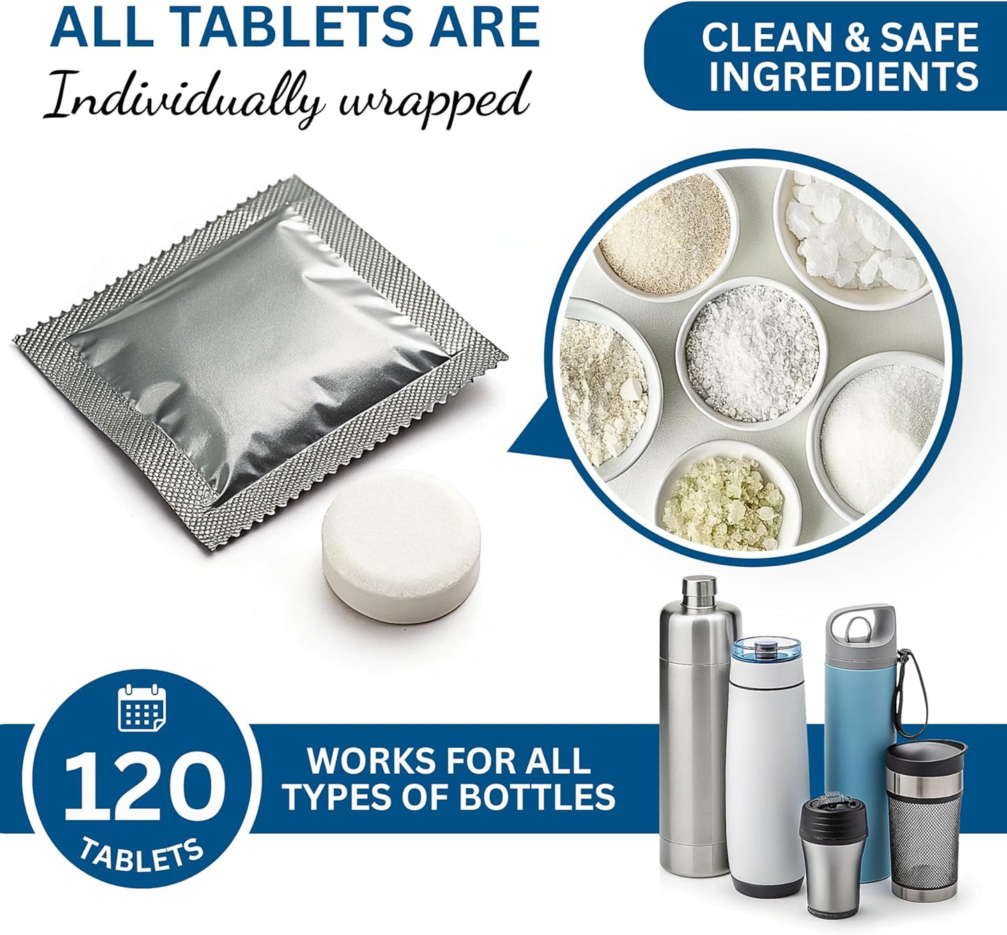120-pcs Water Bottle Cleaner Tablets, Chlorine-free, Water Bottle cleaner, Tumbler washer and Glass bottle cleaner Removes stubborn stains and Freshens glass bottles and utensils
