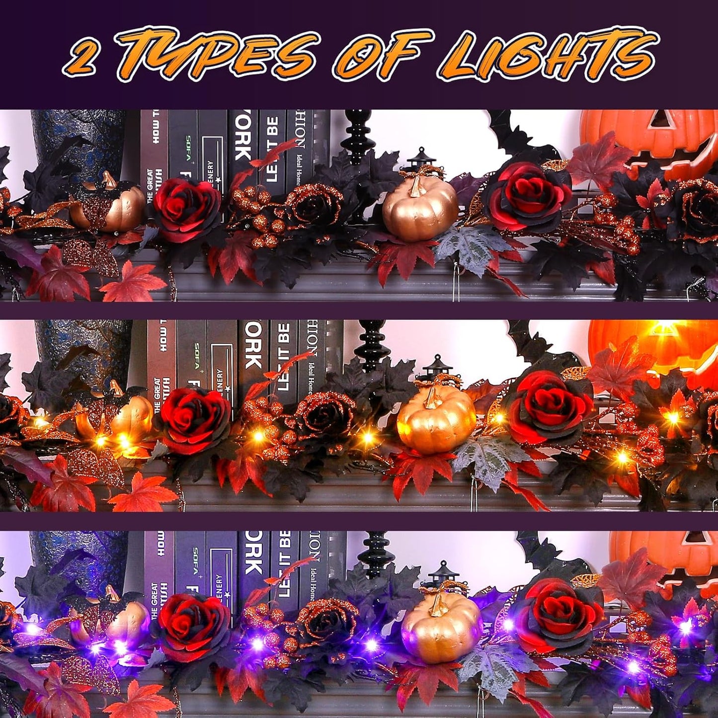 SHareconn 2 Pcs 9FT Halloween Garland with Purple Lights Battery Operated and Timer, Pre-Lit Black Red Maple Leaves Lighted Garland Decorations for Fireplace Mantle Centerpiece Indoor Outdoor Decor