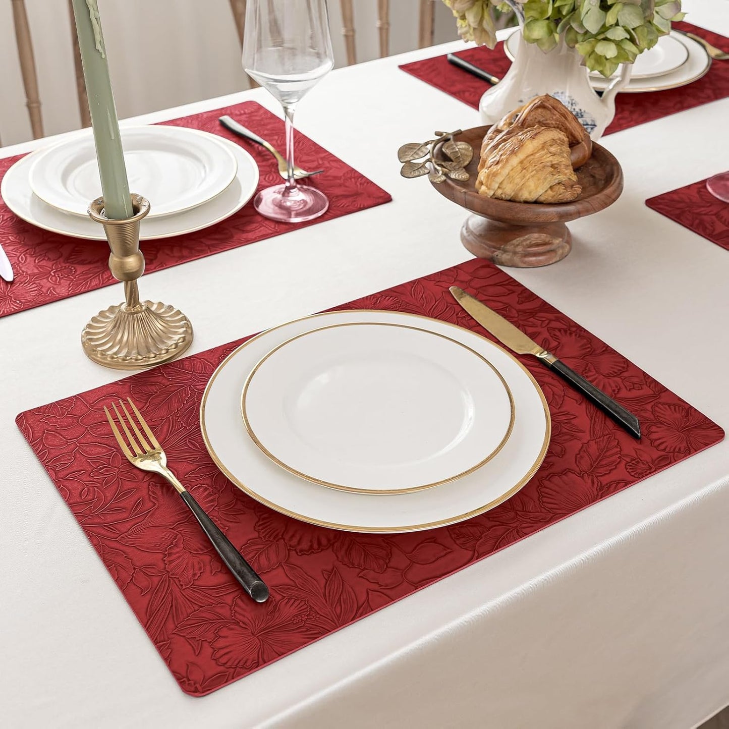 Romanstile Vinyl Placemats Set of 8-12 X 18 Inch - Heat Resistant Non-Slip Embossed Floral Place Mats 100% Waterproof Oilproof Wipeable Faux Leather Table Mats for Kitchen/Dining/Party, Red