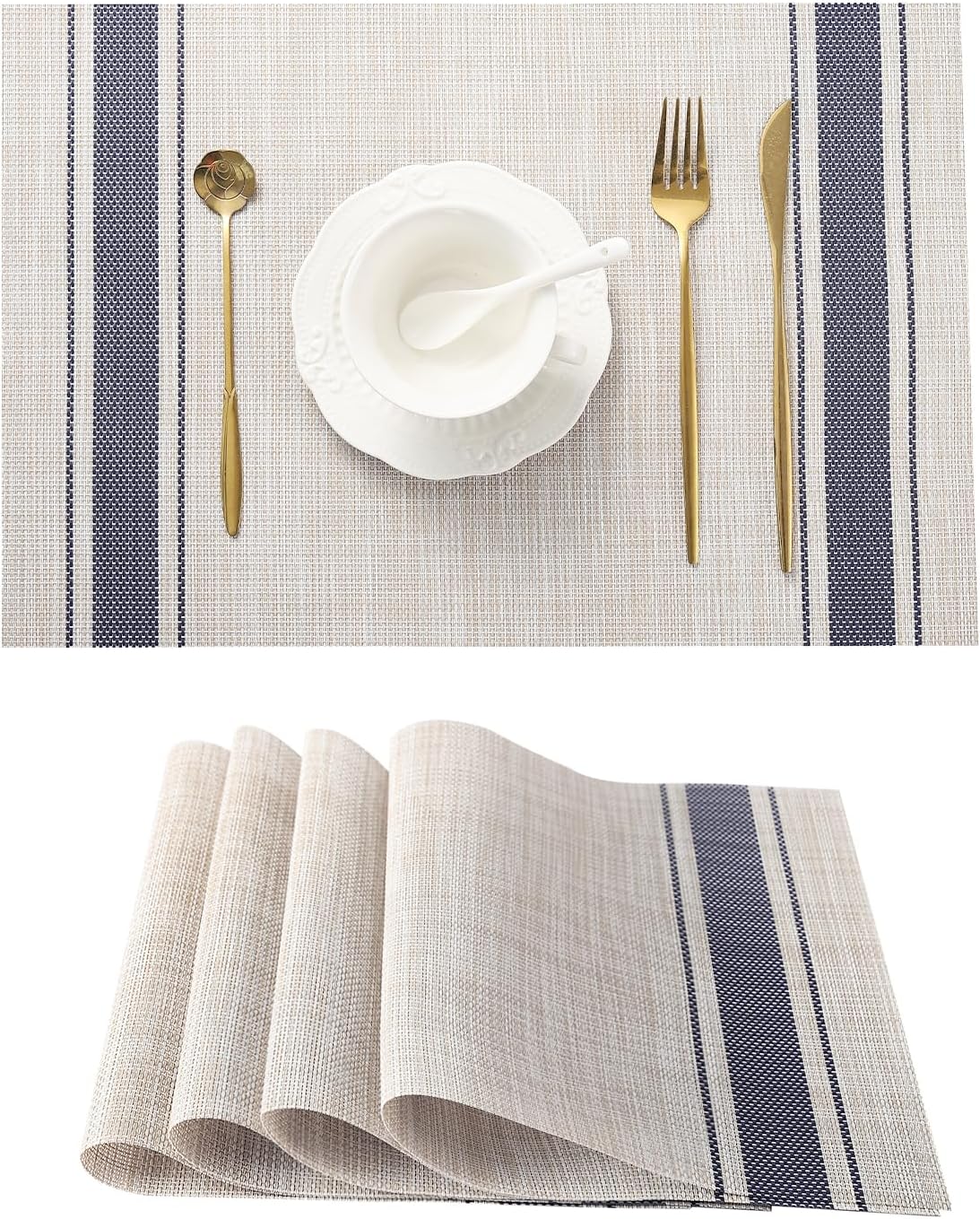 Leetaltree Khaki-Blue Placemats, Heat Resistant Non-Slip Place mats for Dining Table, Washable Durable PVC Vinyl Woven Table Mats (Set of 4)
