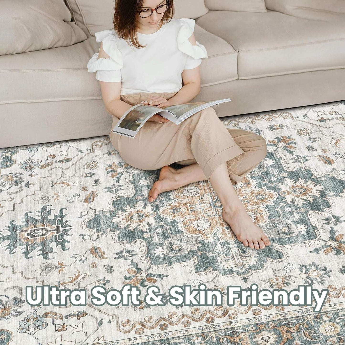 Washable Area Rugs for Living Room -10x14 Neutral Vintage Distressed Floral Farmhouse Boho Large Soft Floor Rug Indoor Non Slip Carpet for Living Room Bedroom Dining Room Office -Green/Grey