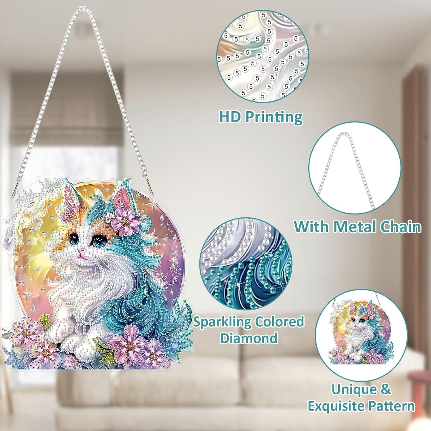 SENQAO Cat Diamond Art Hanging Kit for Adult, Special Shaped Rhinestone, Double Sided DIY Acrylic Diamond Art Painting Window Pendants Home Garden Wall Hanging Kits Hanging Ornament