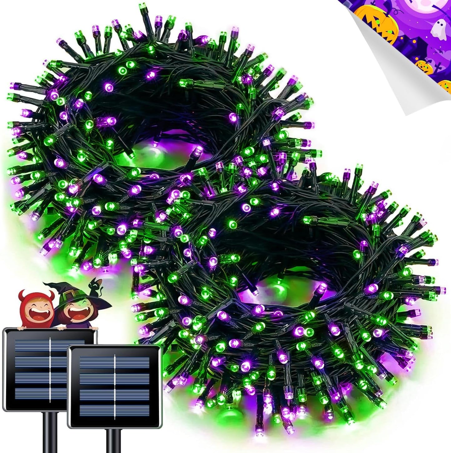 JMEXSUSS Purple and Green Halloween Lights, Total 66 FT 200 LED Solar Halloween Lights Outdoor, 2 Pack Solar Christmas Light Outdoor Waterproof for Yard Garden Tree Decor