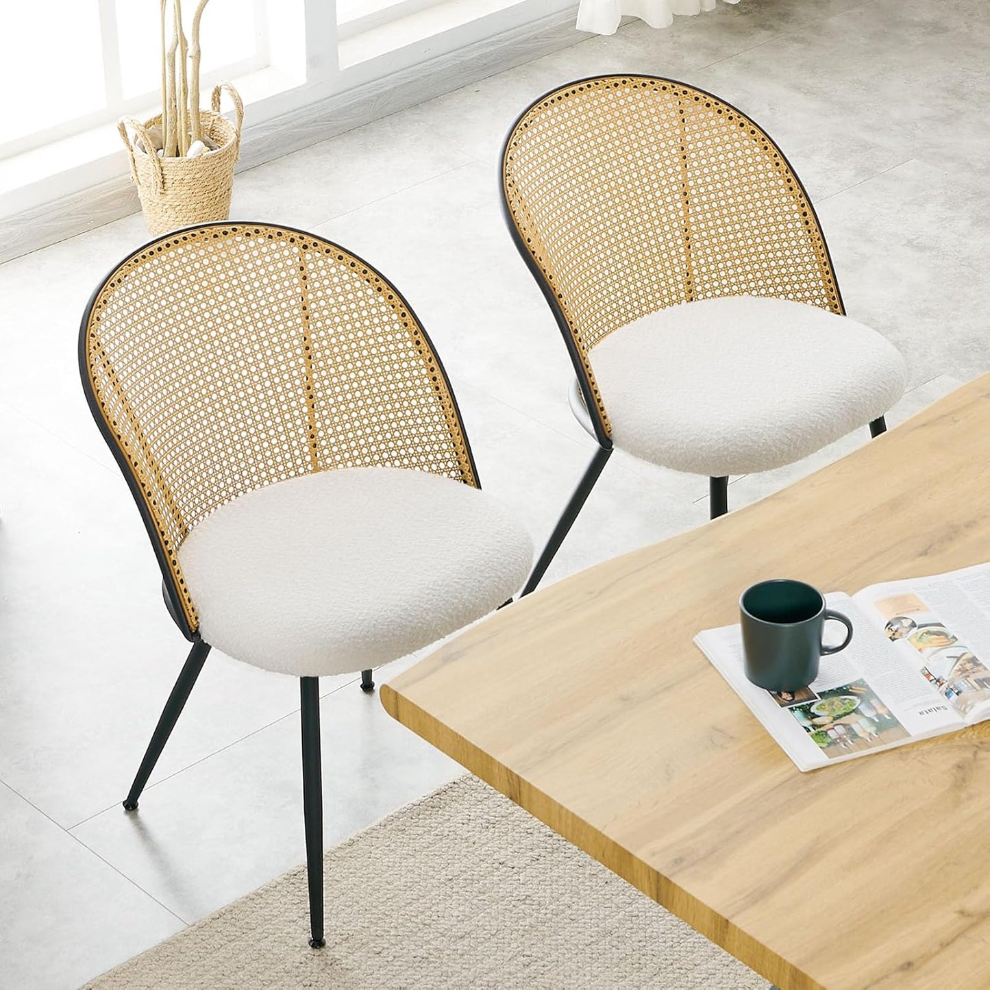 Rattan Dining Chairs Set of 4, Mid-Century Modern Kitchen Dining Room Chairs with Full Cane Backrest Armless Upholstered Farmhouse Boucle Dining Chairs with Metal Leqs for Dining Room, White