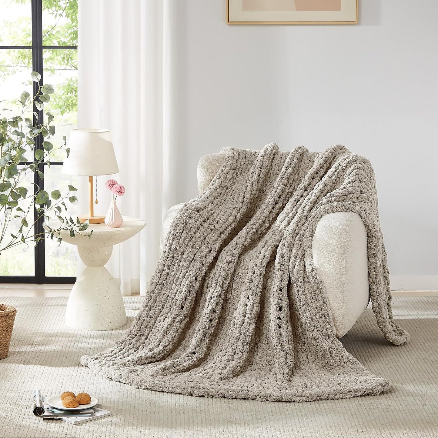 L'AGRATY Chunky Knit Blanket Throw: 72''x84'' Chenille Chunky Knitted Throw Blankets for Bed Couch - Handmade Thick Big Cable Knit Blanket - Large Crochet Rope Blankets for Home Decor(Light Linen)