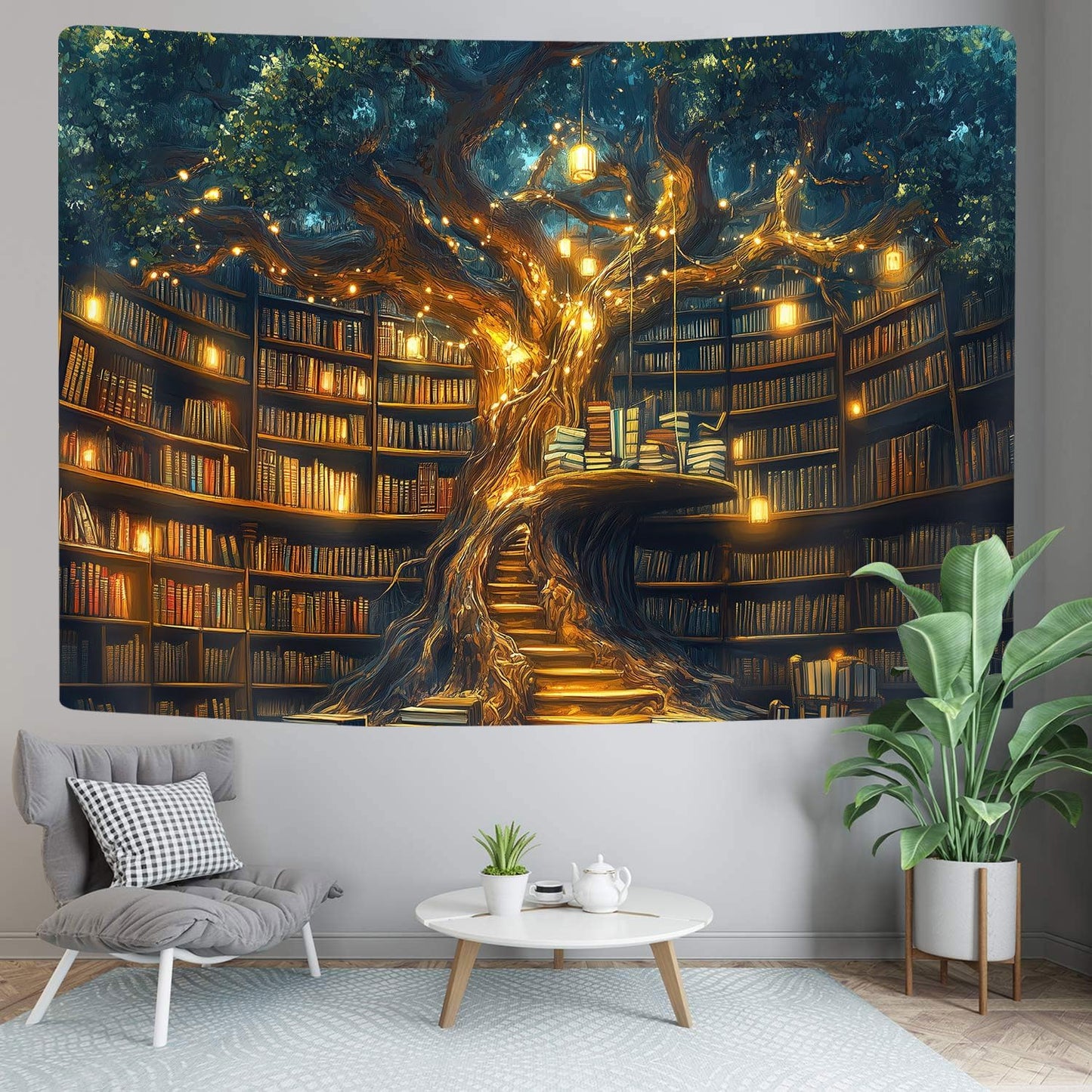 GOAOK Fantasy Library Tapestry For Classroom, Mysterious Tree Magic Bookshelf Aesthetic Tapestries, Witchy Fairytale Tree Vintage Bookshelf Book Art Tapestry Wall Hanging College 40"X30"