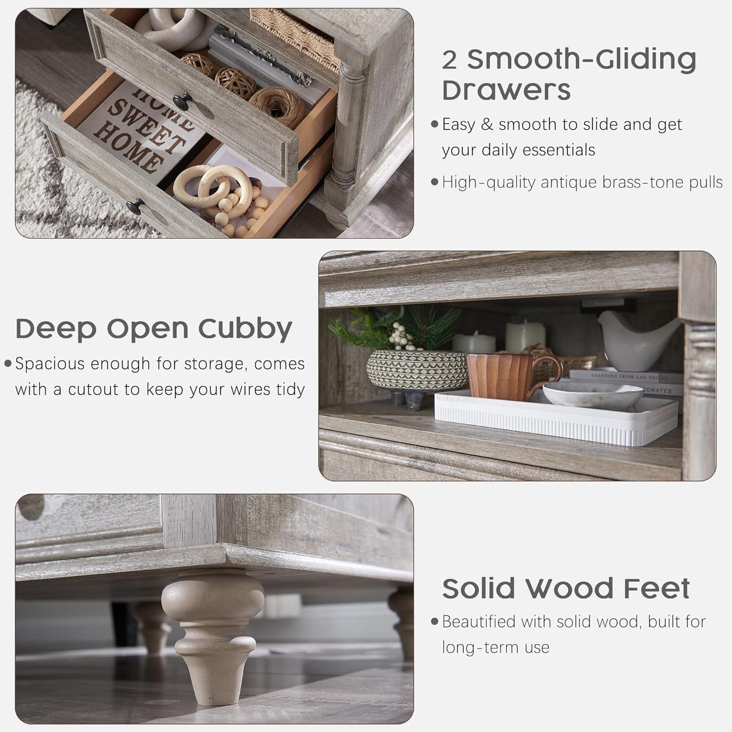 T4TREAM 24'' Farmhouse End Table w/4 Solid Wood Feet, Large 2 Drawers Wide Sofa Side Table with Charging Station, Tall Rustic Wood Square Nightstand for Living Room, Bedroom, Office, Light Rustic Oak